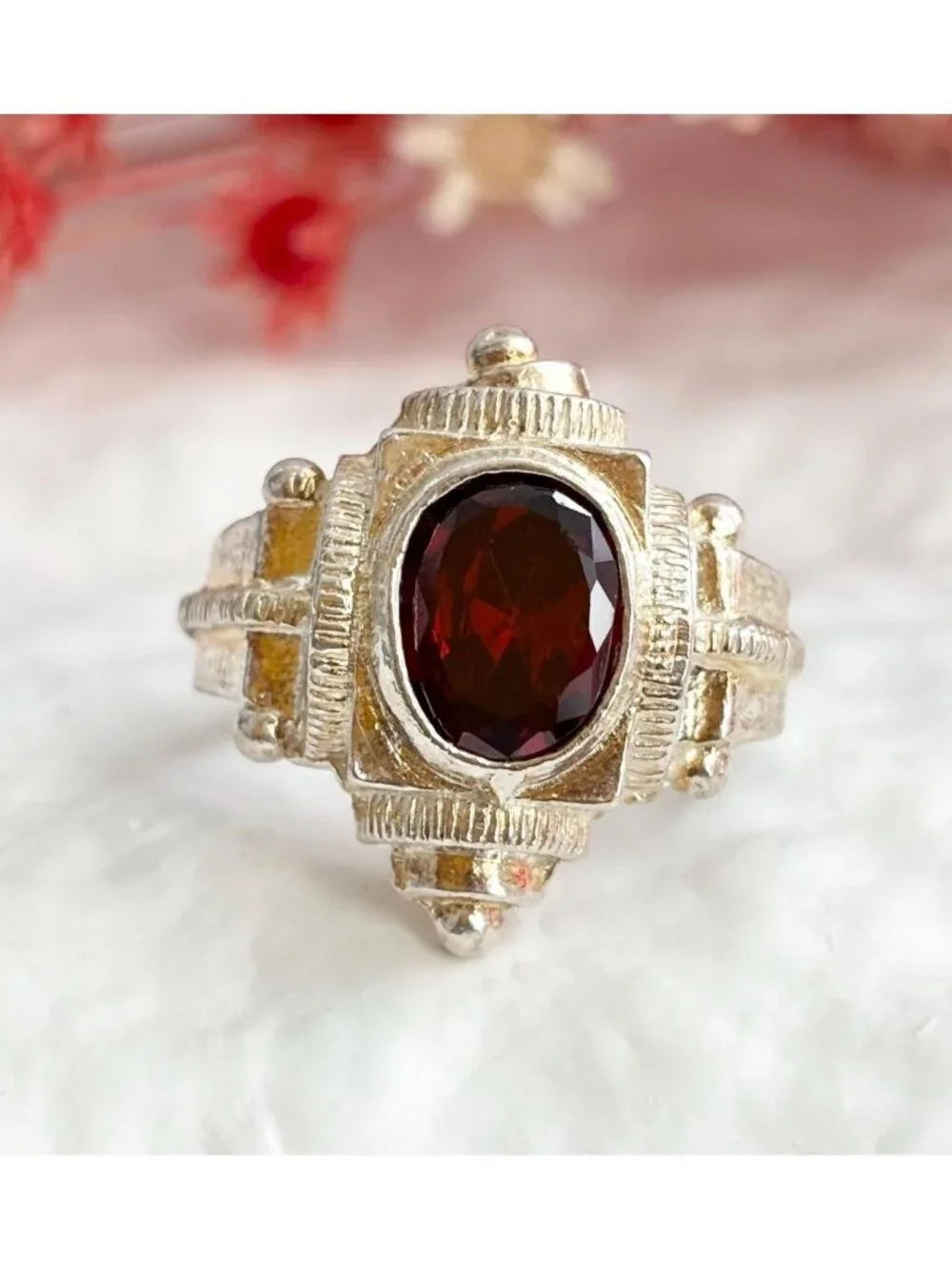 Art Deco Garnet Gemstone Geometric Sterling Silver 925 Vintage Ring - sz 8.75